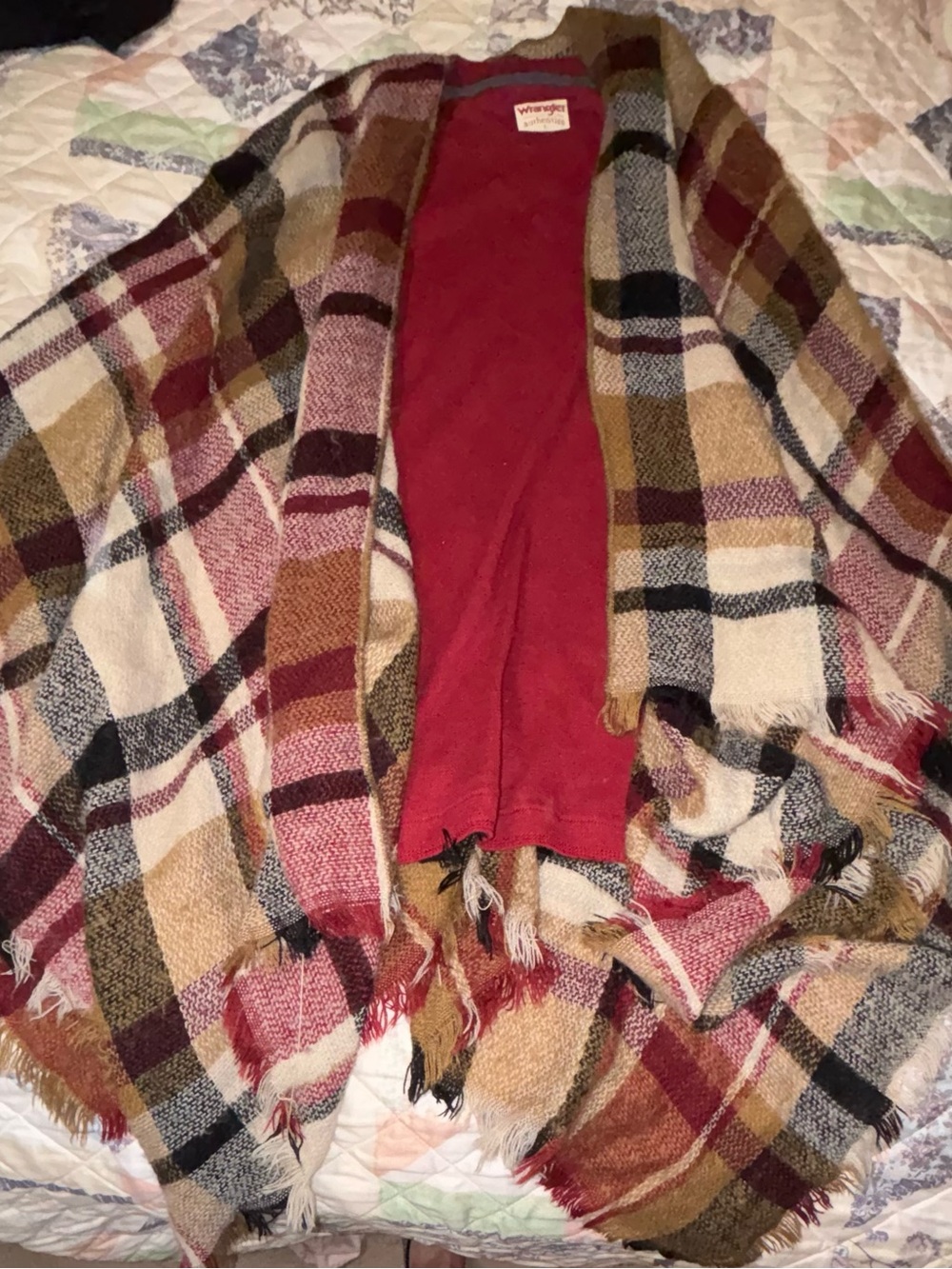 Wrangler Plaid Fringe Open Cardigan with a Red Long Sleeve Shirt